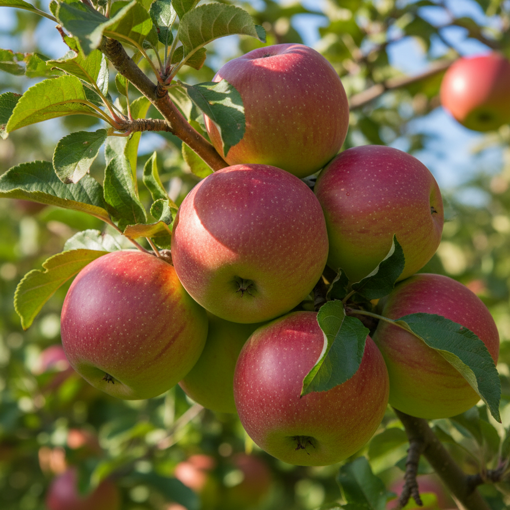 close up of apples on a tree