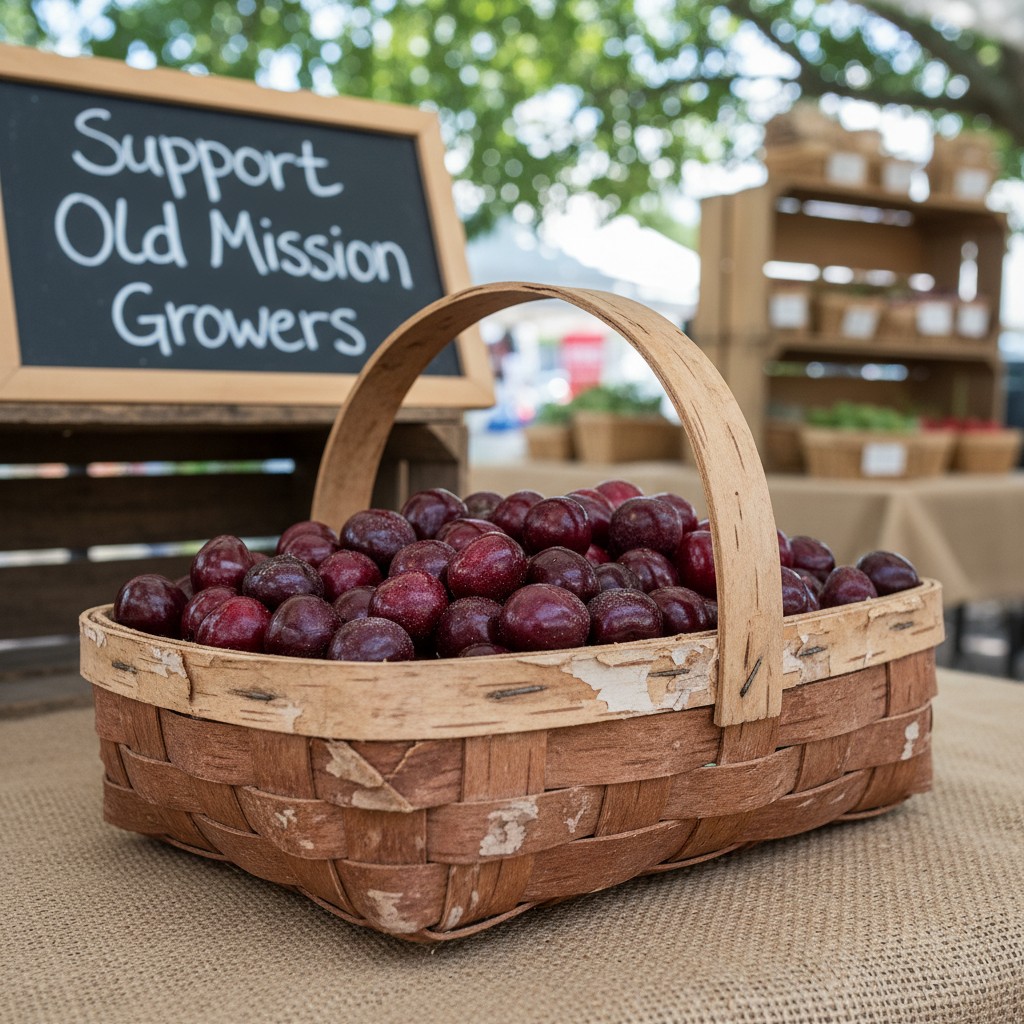 Cherry wood basket filled with ripe cherries, situated beside a chalkboard advertising a farmer's market.